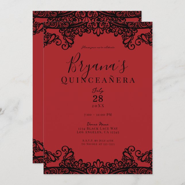 Invitación Elegante Quinceañera de encaje negro y rojo oscuro (Anverso / Reverso)