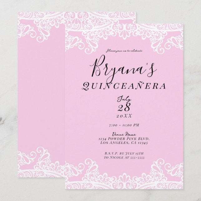 Invitación Elegante Quinceañera de encaje rosa y blanco (Anverso / Reverso)