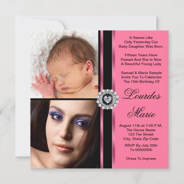 Invitación Elegante Quinceañera de Fotos Rosa (Anverso)