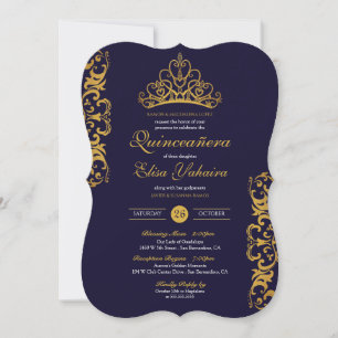 Invitación Elegante Quinceañera de la Corona Real Azul y Oro 