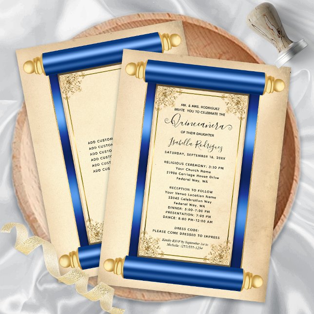 Invitación Elegante Quinceañera de la escoba de oro azul vint (Vintage Blue Gold Scroll Elegant Quinceañera Invitation)