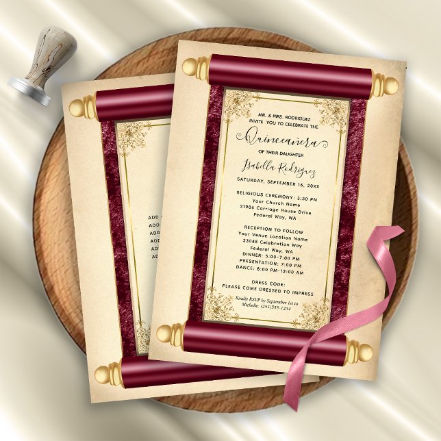 Invitación Elegante Quinceañera de la Vieja Burgundy Gold (Vintage Burgundy Gold Scroll Elegant Quinceañera Invitation)
