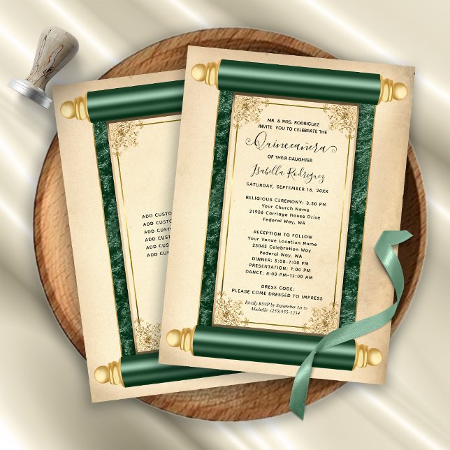 Invitación Elegante Quinceañera de la Vieja Perla de Oro Verd (Vintage Green Gold Scroll Elegant Quinceañera Invitation)