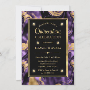 Invitación Elegante Quinceañera de Mármol con Hojas de Oro Mo
