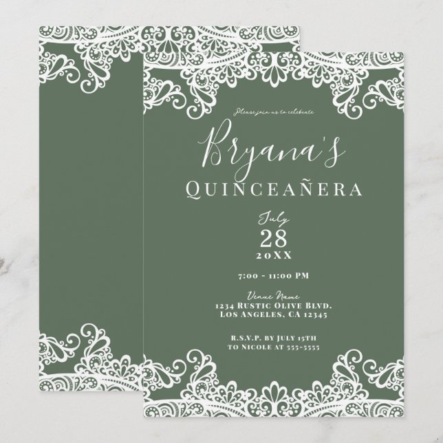 Invitación Elegante Quinceañera de oliva y encaje blanco rúst (Anverso / Reverso)