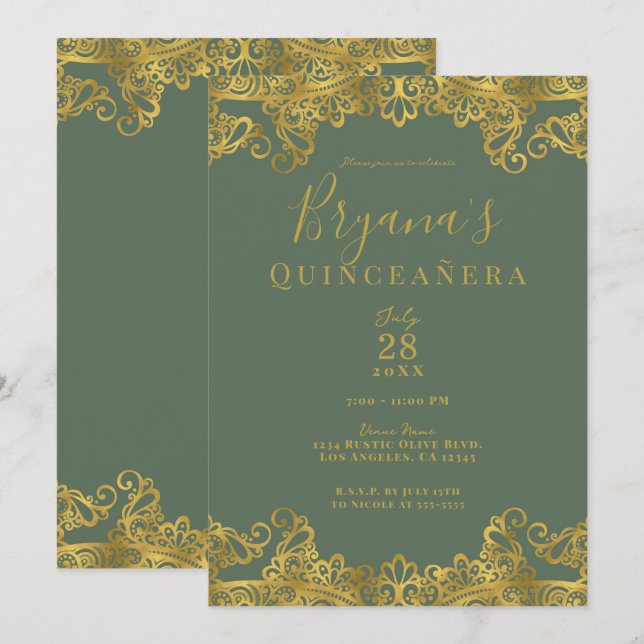 Invitación Elegante Quinceañera de olivo y encaje de oro rúst (Anverso / Reverso)