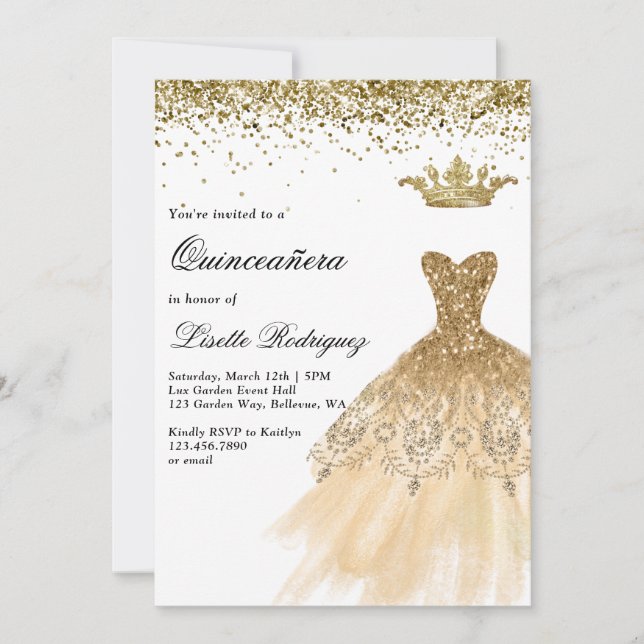 Invitación Elegante Quinceanera de oro (Anverso)