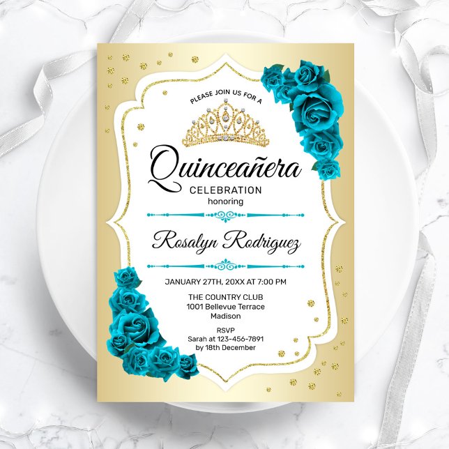Invitación Elegante Quinceanera de oro blanco verde azulado (Subido por el creador)