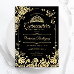 Invitación Elegante Quinceanera de Oro Negro<br><div class="desc">Elegante invitación a la celebración de Quinceanera de oro negro. Presenta tiara de guion,  mariposas,  tiara de rosas dorados y arco. Perfecto para una celebración glam al estilo princesa glam. Personaliza con tus propios detalles. Invitaciones Zazzle impresas o una plantilla imprimible digital de descarga instantánea.</div>