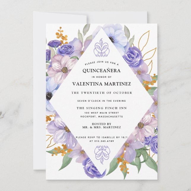 Invitación Elegante Quinceanera de Oro Púrpura (Anverso)