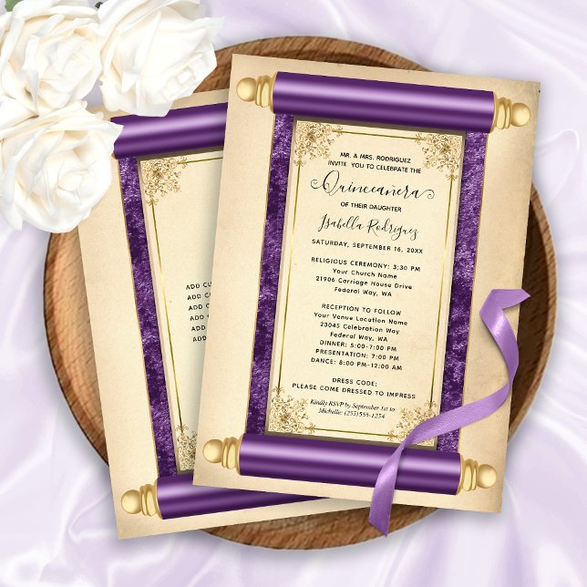 Invitación Elegante Quinceañera de pergamino de oro púrpura (Vintage Purple Gold Scroll Elegant Quinceañera Invitation)