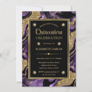 Invitación Elegante Quinceañera de Purpura y Dorado con Brill