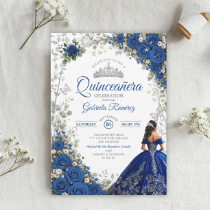 Invitación Elegante Quinceañera de Rosas Azules Reales y Plat