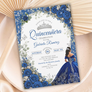 Invitación Elegante Quinceañera de Rosas Azules Reales y Plat