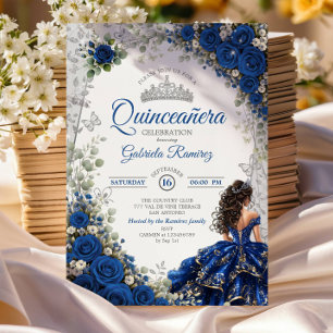 Invitación Elegante Quinceañera de Rosas Azules Reales y Plat