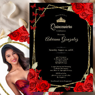 Invitación Elegante Quinceañera de Rosas Rojas y Doradas Negr