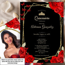 Elegante Quinceañera de Rosas Rojas y Doradas Negr