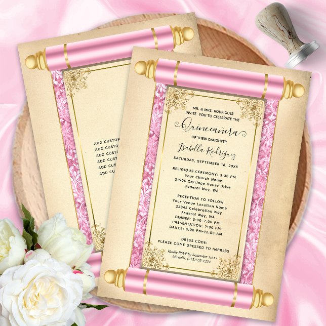 Invitación Elegante Quinceañera de Rótulo de Oro Rosa (Vintage Pink Gold Scroll Elegant Quinceañera Invitation)