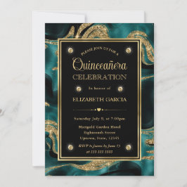Invitación Elegante Quinceañera de Teal Fundido y Brillo Dora
