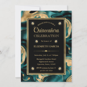 Invitación Elegante Quinceañera de Teal Fundido y Brillo Dora