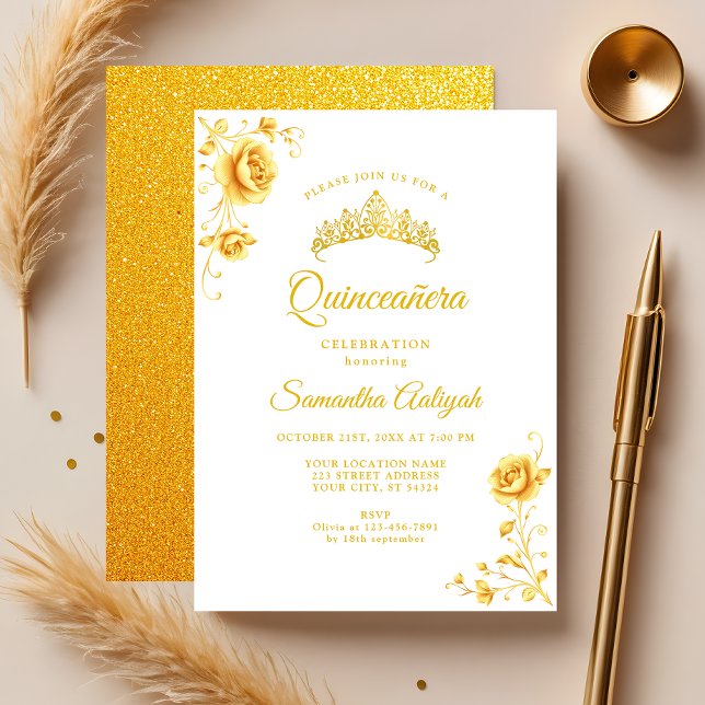 Invitación Elegante Quinceanera dorada y blanca floral dorada (Subido por el creador)