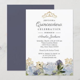 Invitación Elegante Quinceañera en Acuarela Floral Azul