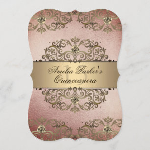 Invitación Elegante Quinceañera en Rosa Dorado Vintage Damask