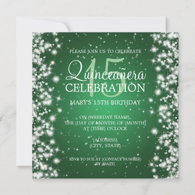 Invitación Elegante Quinceañera Fiesta Winter Sparkle 2 Verde (Anverso)
