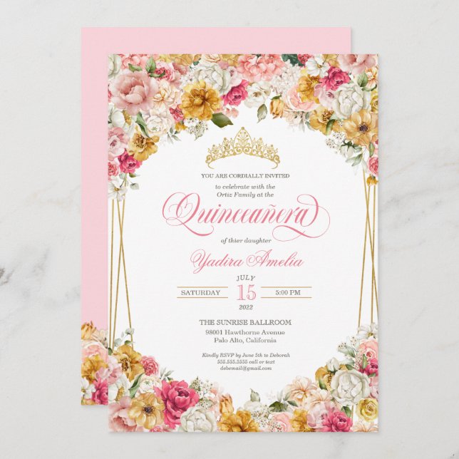 Invitación Elegante Quinceanera floral amarillo rosa Rubor de (Anverso / Reverso)