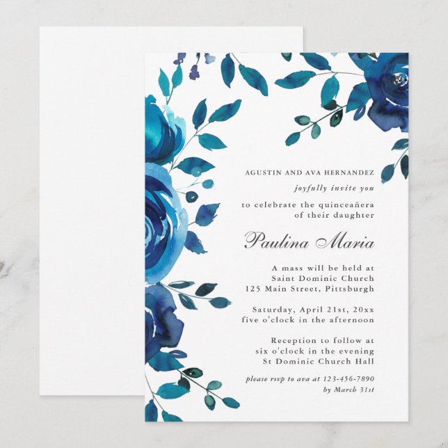 Invitación Elegante Quinceañera floral azul (Anverso / Reverso)