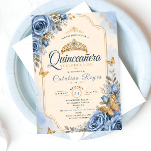 Invitación Elegante Quinceañera Floral Azul