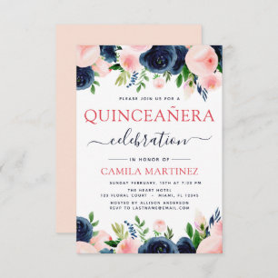 Invitación Elegante Quinceanera floral azul de la marina rosa