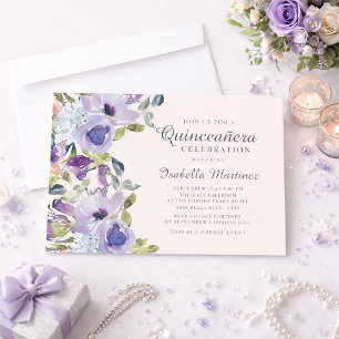 Invitación Elegante Quinceañera Floral Azul Lila Horizontal