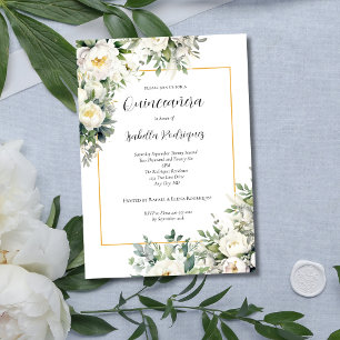 Invitación Elegante Quinceañera Floral Blanca con Borde Dorad