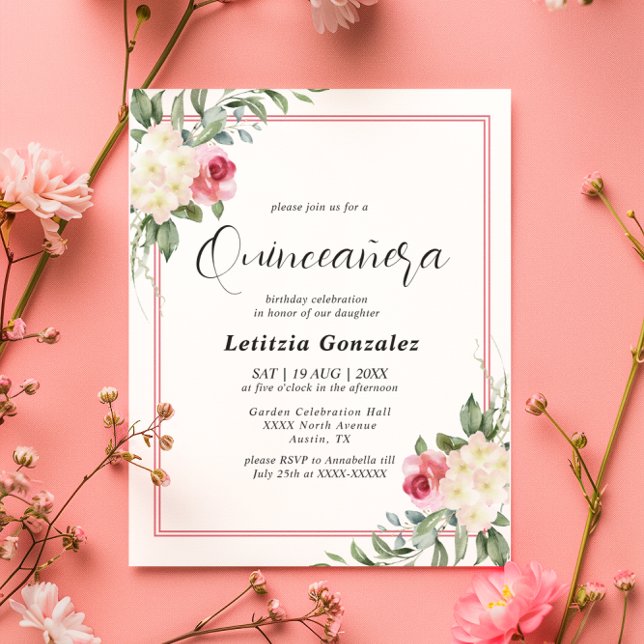 Invitación Elegante Quinceañera floral blanca y roja (Subido por el creador)