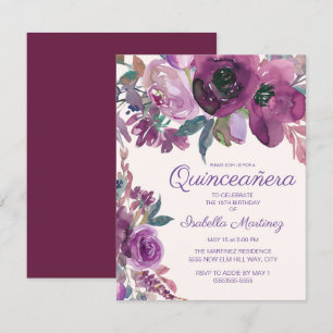 Invitación Elegante Quinceañera Floral de Acuarela Morada 15
