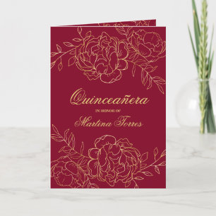 Invitación Elegante Quinceañera Floral de Arte Fino Burgundy