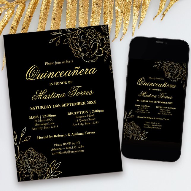 Invitación Elegante Quinceanera Floral de boceto negro y oro (Black and Gold Quinceanera Invitation with church ceremony, from my Gold Sketched Floral collection)