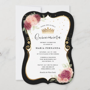 Invitación Elegante Quinceanera floral de color negro y dorad