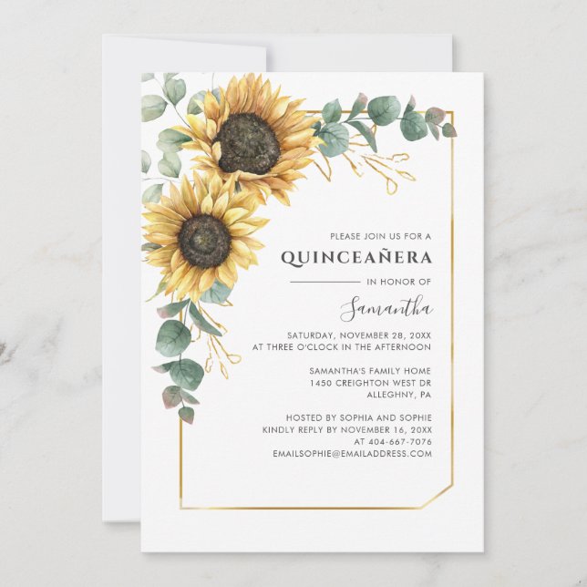 Invitación Elegante Quinceanera Floral de girasol Eucalyptus  (Anverso)