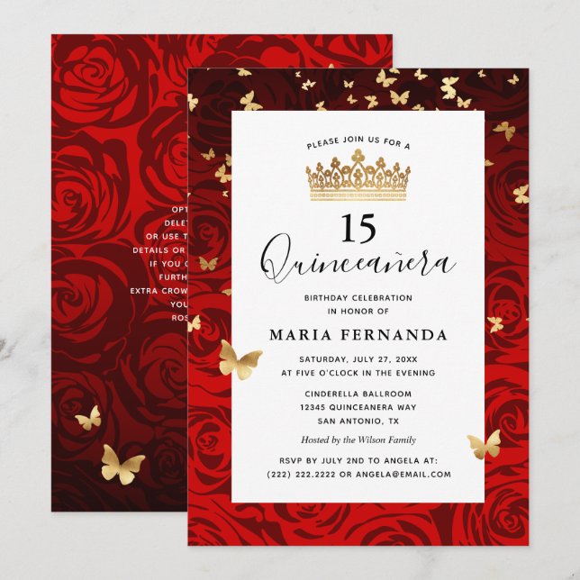 Invitación Elegante Quinceanera floral de la corona dorada ro (Anverso / Reverso)