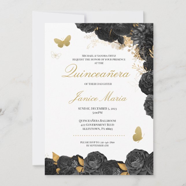 Invitación Elegante Quinceañera floral de mariposa negra y do (Anverso)