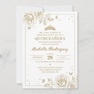 Invitación Elegante Quinceañera Floral de Oro