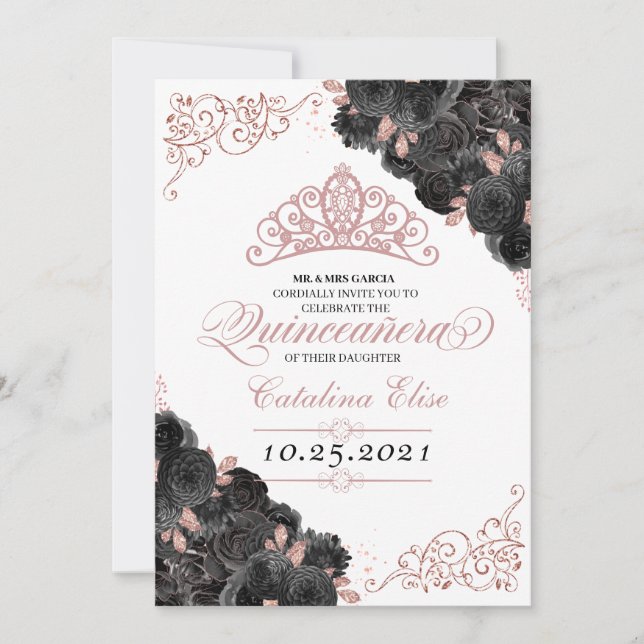 Invitación Elegante Quinceanera floral de oro negro y Rosa (Anverso)