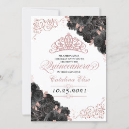 Invitación Elegante Quinceanera floral de oro negro y Rosa