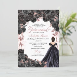 Invitación Elegante Quinceanera floral de oro negro y Rosa