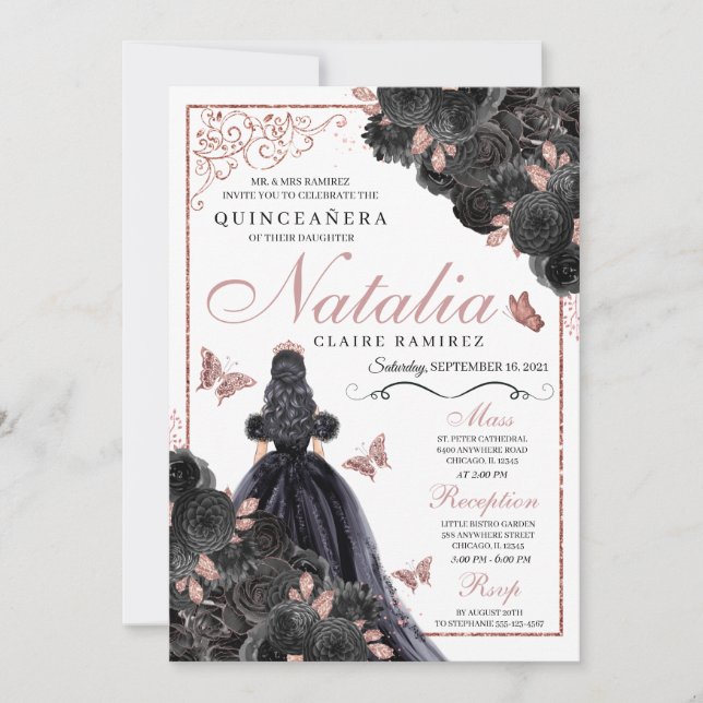 Invitación Elegante Quinceanera floral de oro negro y Rosa (Anverso)