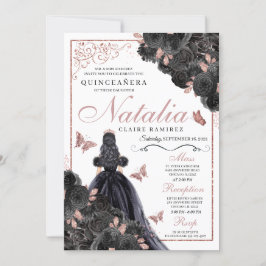 Invitación Elegante Quinceanera floral de oro negro y Rosa