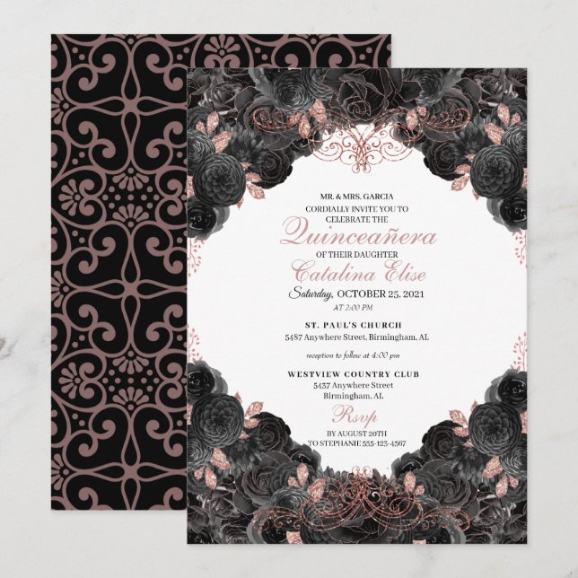 Invitación Elegante Quinceanera floral de oro negro y Rosa (Anverso / Reverso)