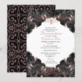 Invitación Elegante Quinceanera floral de oro negro y Rosa